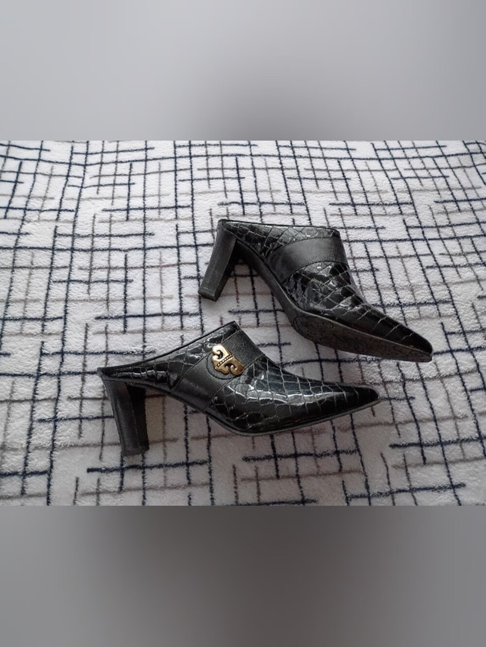 Brighton Made in Italy Black Croc-Embossed Pointed Mule Heels Size 9.5 M